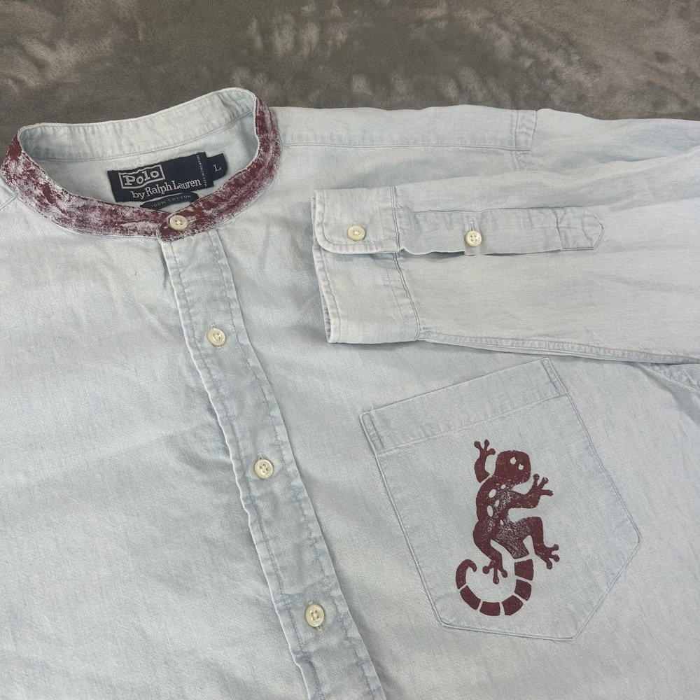 Polo Ralph Lauren Shirt Mens Large Blue Chambray Lizard Pocket Band Collar - Picture 2 of 16